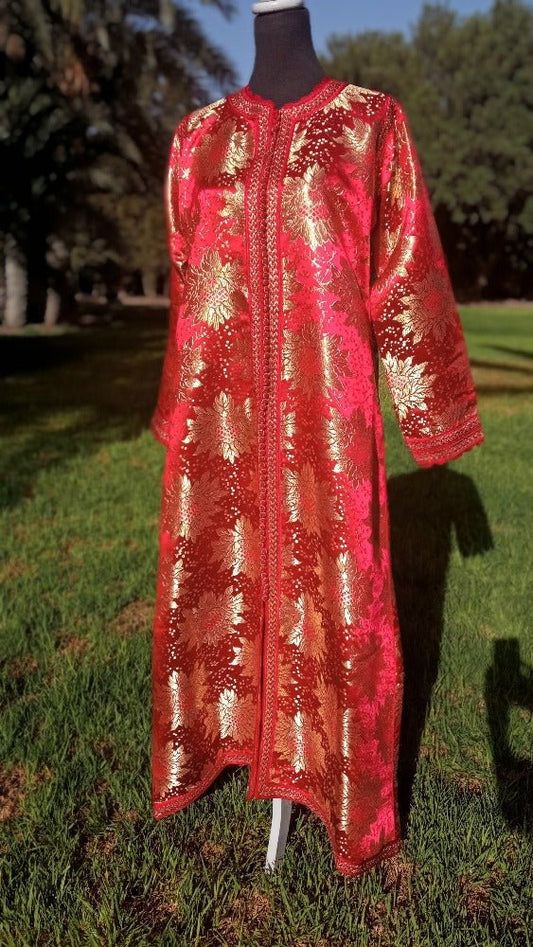 Vintage Moroccan Kaftan 1960s Red and Gold Floral Brocade Caftan Maxi Dress