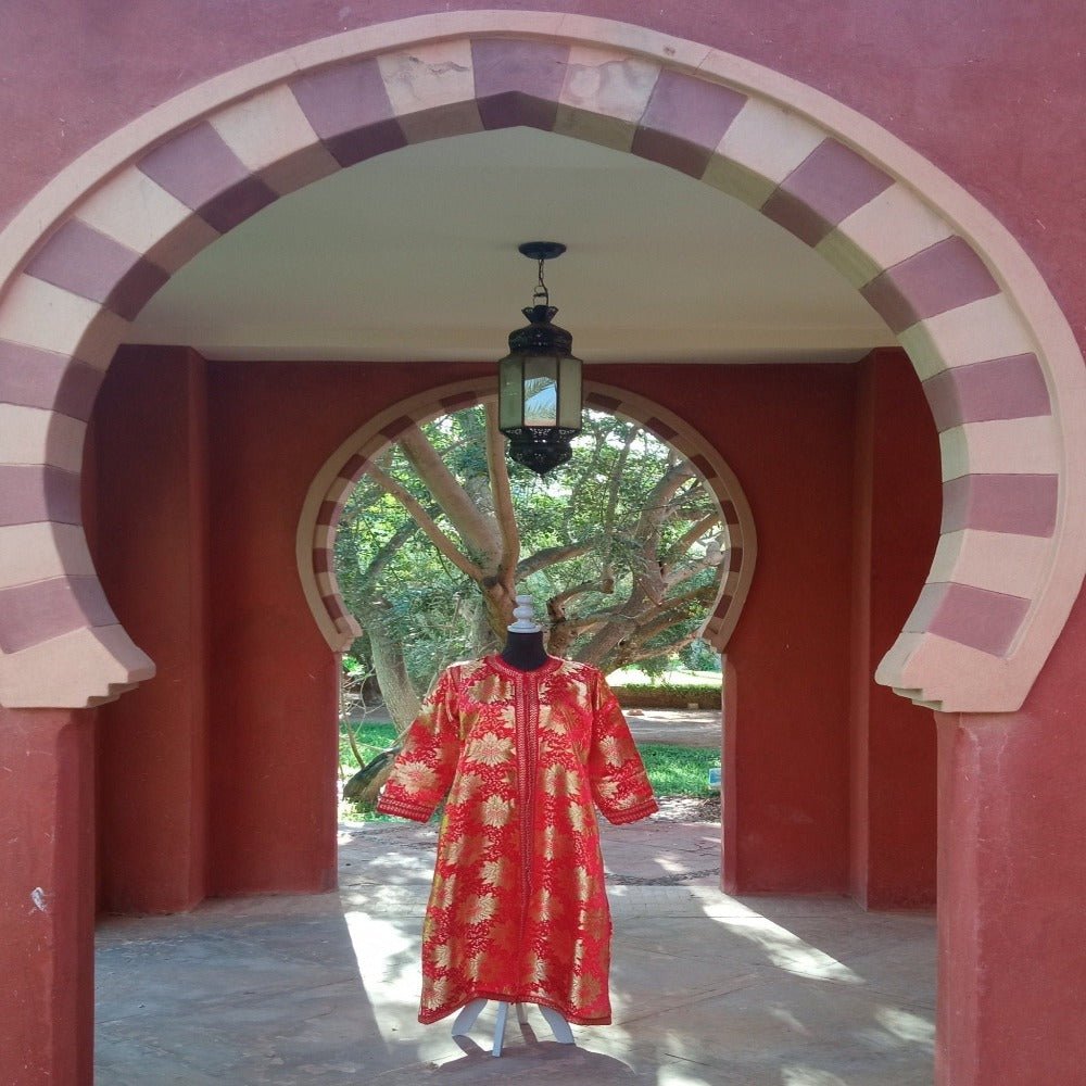 Vintage Moroccan Kaftan 1960s Red and Gold Floral Brocade Caftan Maxi Dress