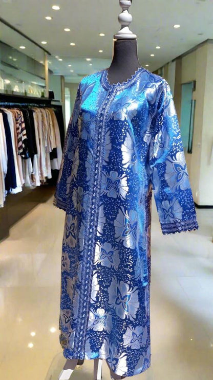 Elegant Vintage 60s Blue Brocade Metallic Moroccan Caftan for sale 