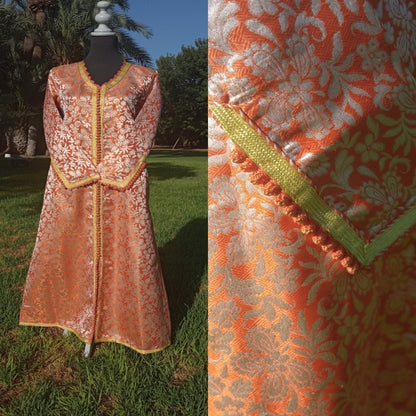 Vintage Metallic Orange and Gold Brocade Moroccan Caftan