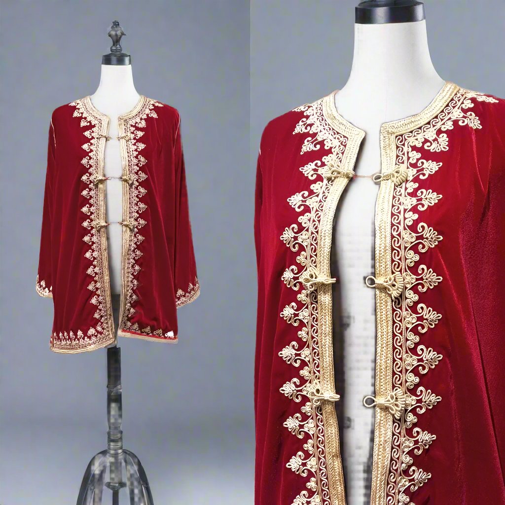 Luxury Moroccan Bordeaux Velvet Jacket with gold embroidery