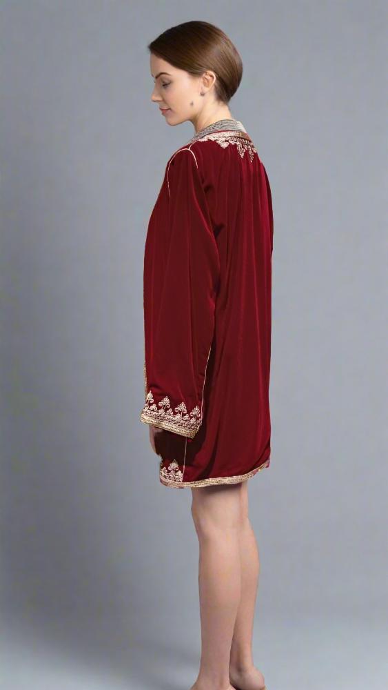 Luxury Moroccan Bordeaux Velvet Jacket with gold embroidery