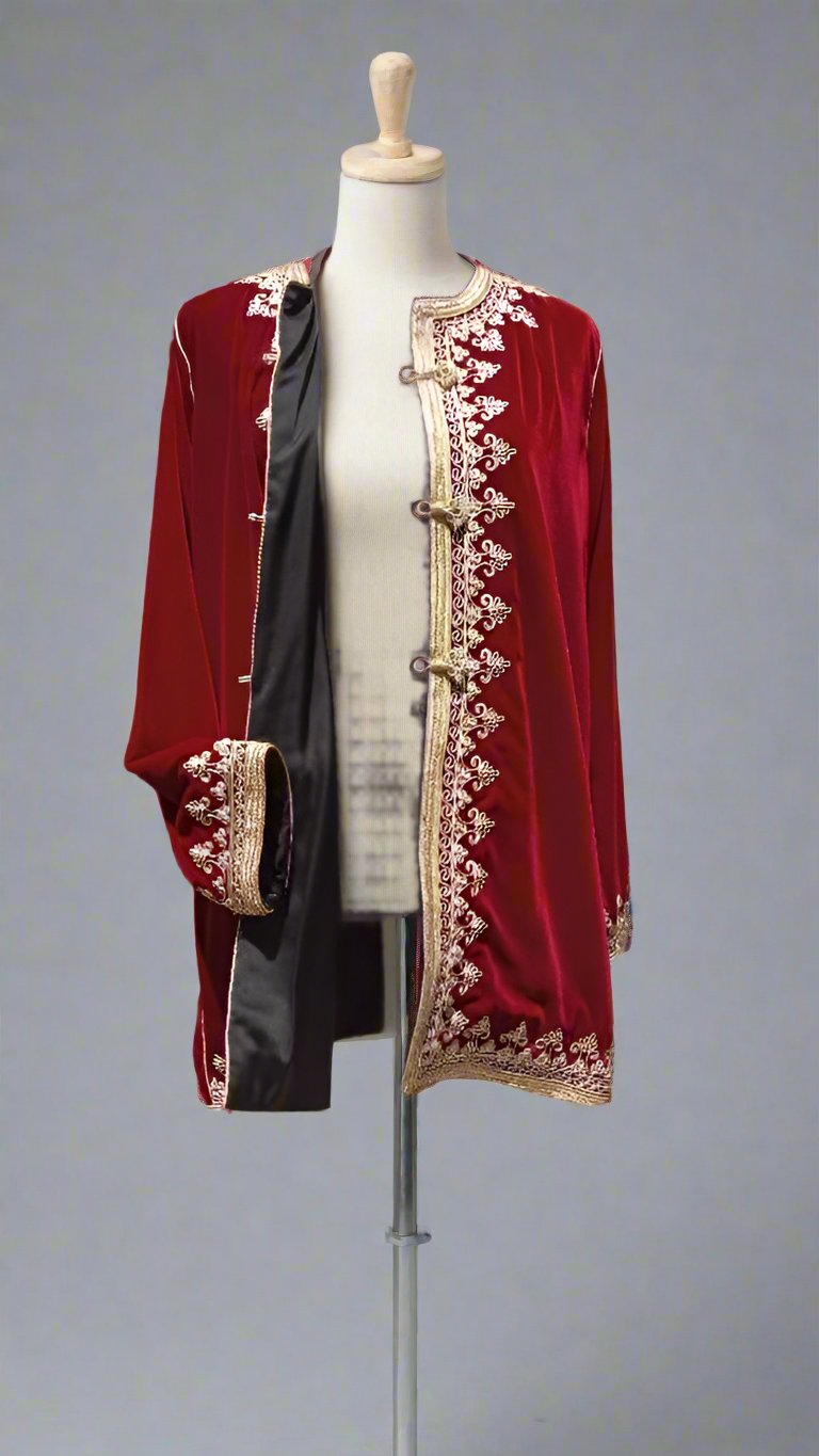 Luxury Moroccan Bordeaux Velvet Jacket with gold embroidery