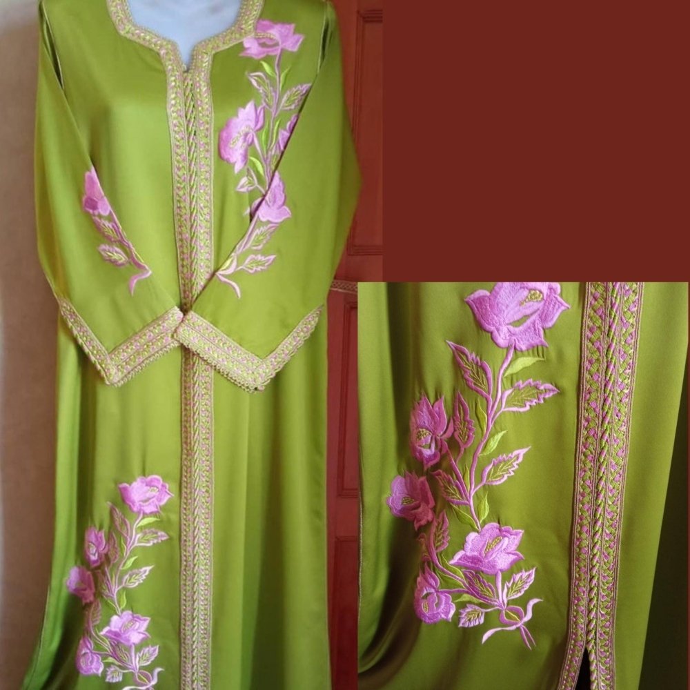 Vintage Green Embroidered Moroccan wedding kaftan dress