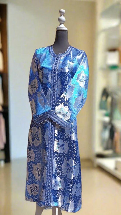 60s Blue Brocade Metallic Moroccan Caftan for sale 