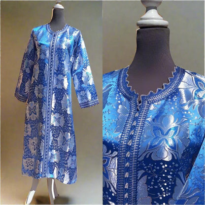 Elegant Vintage 60s Blue Brocade Metallic Moroccan Caftan for sale 