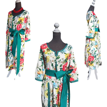 Tropical Split neck dress for women with Bow