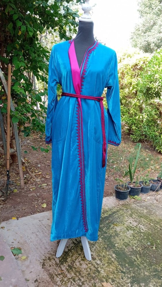 Blue Velvet Moroccan wedding dress kaftan with Fuschia