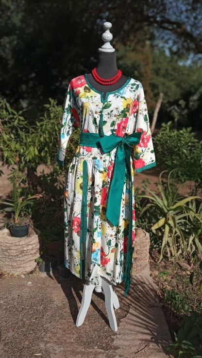 Tropical Split neck dress for women with Bow