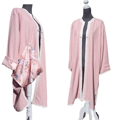 Oversized Embroidered woman Pink Cashmere coat with lining