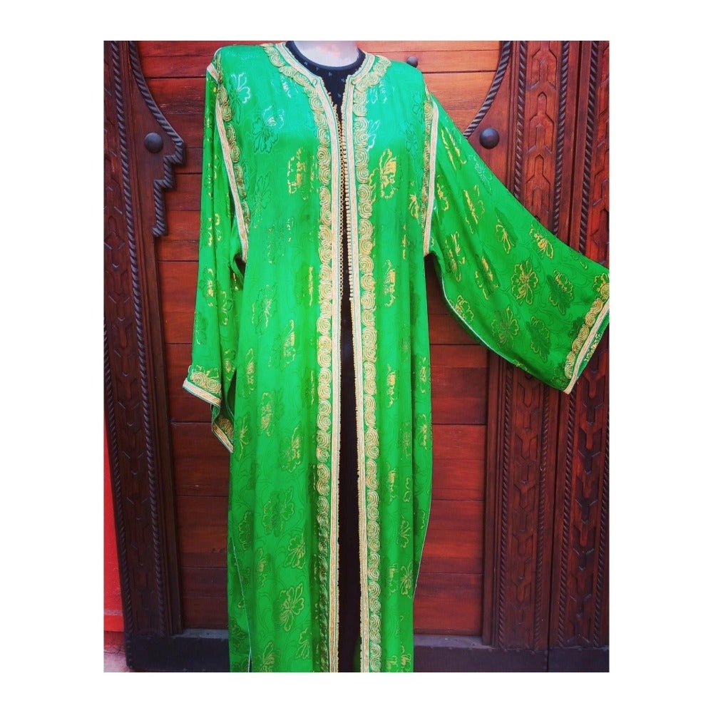 Vintage Moroccan Green Caftan with Gold Embroidery