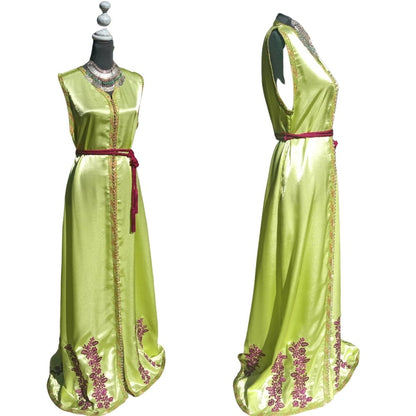 Vintage Green satin V-Neck sleeveless Kaftan