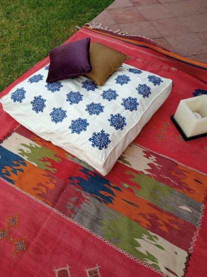 Large Square cotton footstool with Blue embroidery - Heritage Handmade