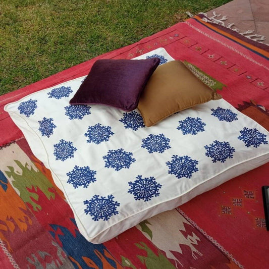 Large Square cotton footstool with Blue embroidery - Heritage Handmade