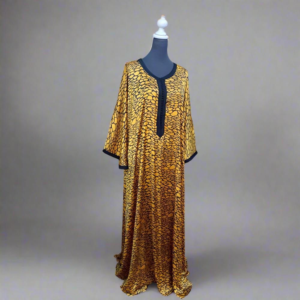 Long Mustard printed satin silk Kaftan summer - Heritage Handmade