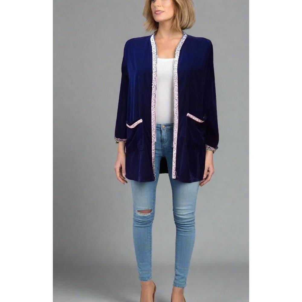 Luxury Embroidered blue velvet jacket for women - Heritage Handmade