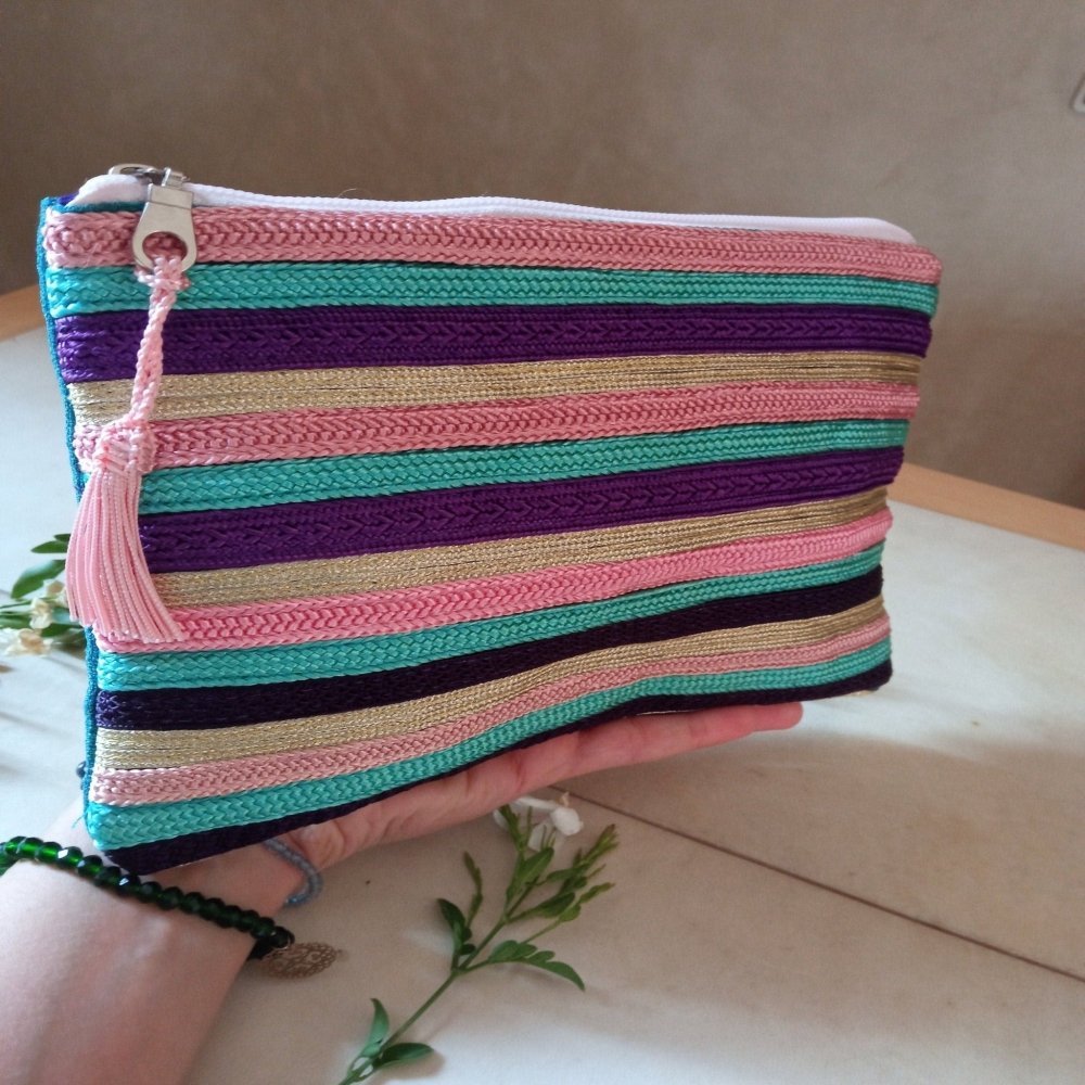 Moroccan pink embroidered makeup bag with tassel - Heritage Handmade