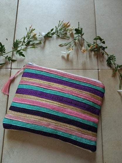 Moroccan pink embroidered makeup bag with tassel - Heritage Handmade