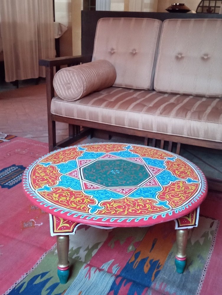 Painted Moroccan Round wood coffe table - Free shipping worldwide - Heritage Handmade