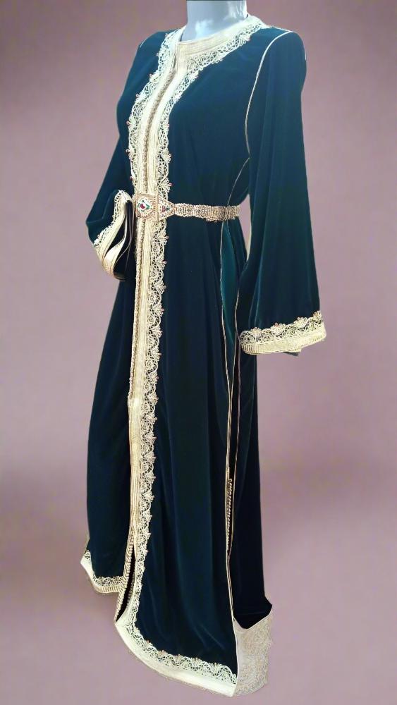 Royal Moroccan velvet wedding kaftan dress with belt - Heritage Handmade