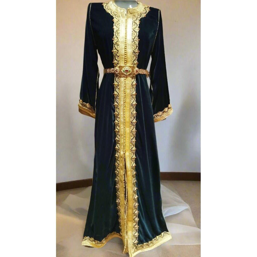 Royal Moroccan velvet wedding kaftan dress with belt - Heritage Handmade