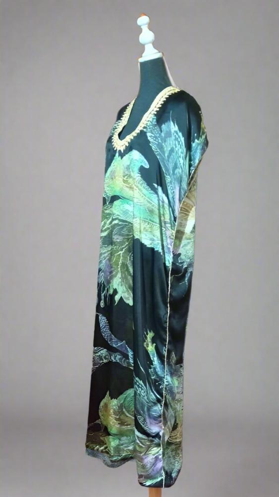 Satin silk embroidered V neck kaftan with Gold / Gandoura - Heritage Handmade