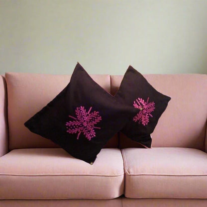 Set of 2 Black Moroccan throw pillows with pink embroidery - Heritage Handmade