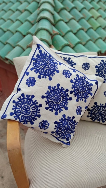 Set of 2 Blue Embroidered Moroccan Throw pillows - Heritage Handmade