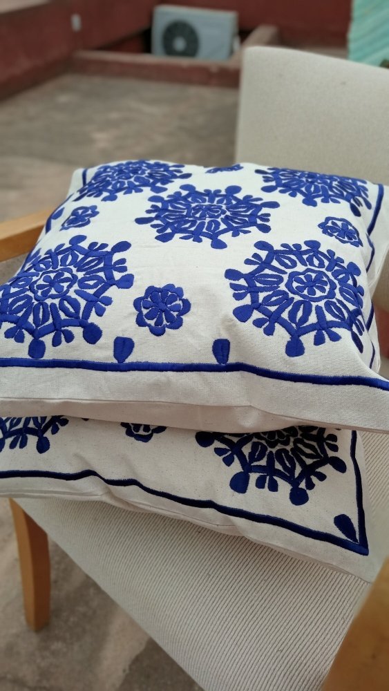 Set of 2 Blue Embroidered Moroccan Throw pillows - Heritage Handmade