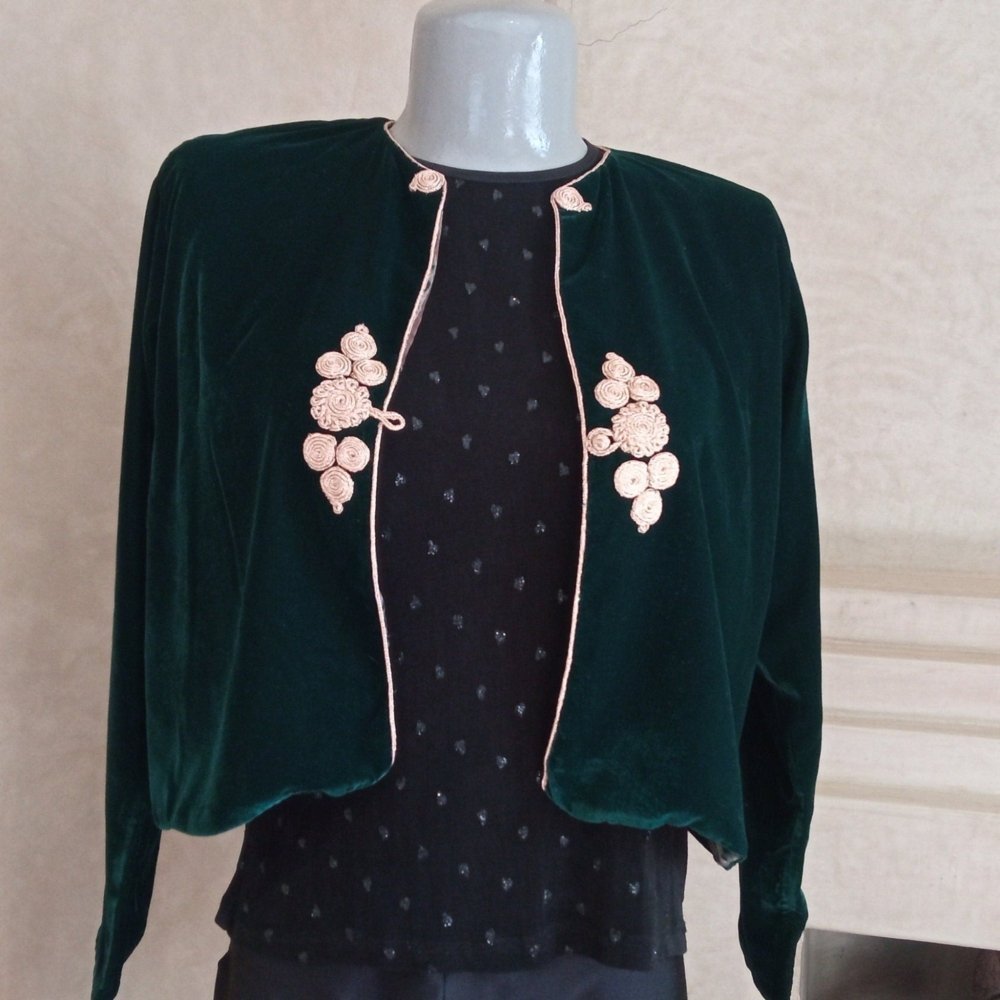 Short Green Velvet jacket for woman with Bronze embroidery - Heritage Handmade