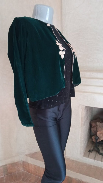 Short Green Velvet jacket for woman with Bronze embroidery - Heritage Handmade