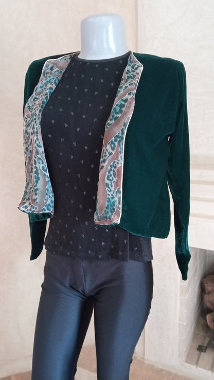 Short Green Velvet jacket for woman with Bronze embroidery - Heritage Handmade