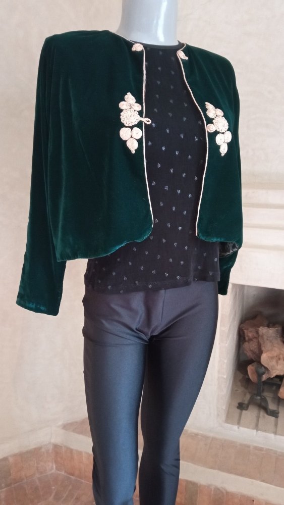 Short Green Velvet jacket for woman with Bronze embroidery - Heritage Handmade