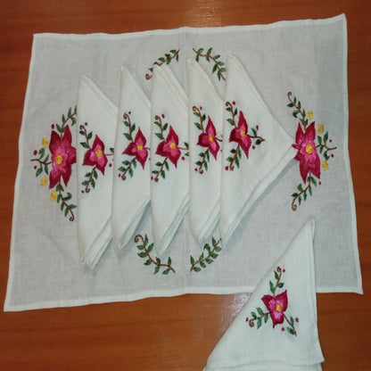 Spectacular Embroidered Linen Placemat with 6 napkins - Heritage Handmade