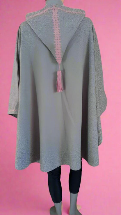 Trendy Moroccan Gray and pink embroidered Hooded Cape - SILHAM - Heritage Handmade