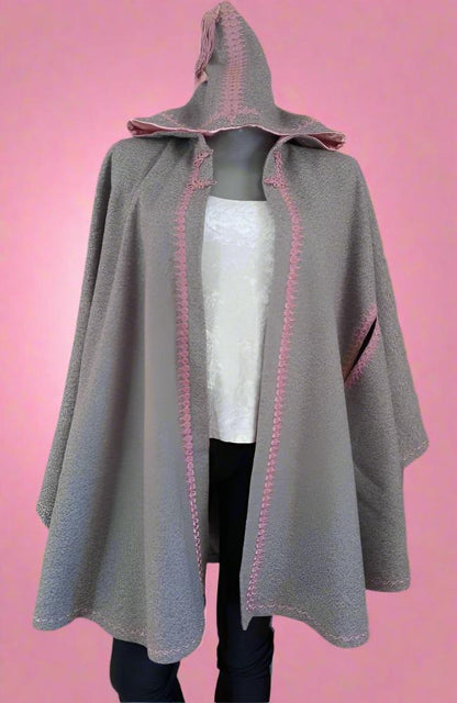 Trendy Moroccan Gray and pink embroidered Hooded Cape - SILHAM - Heritage Handmade