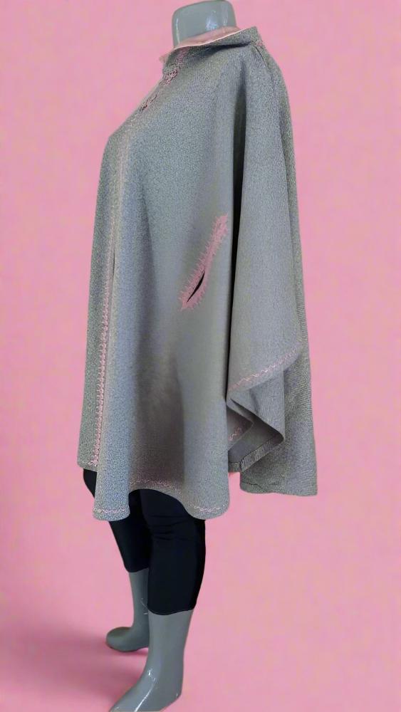 Trendy Moroccan Gray and pink embroidered Hooded Cape - SILHAM - Heritage Handmade