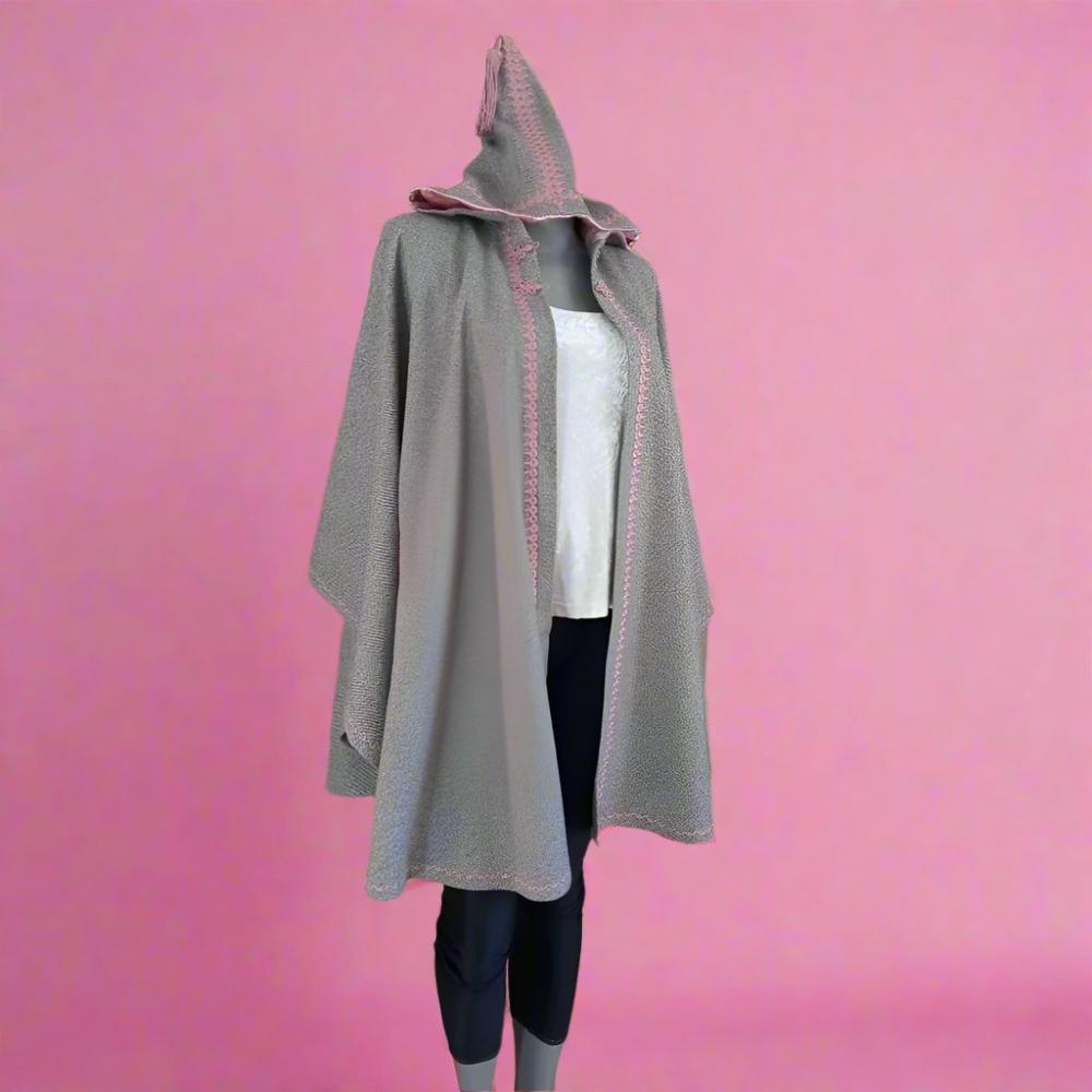 Trendy Moroccan Gray and pink embroidered Hooded Cape - SILHAM - Heritage Handmade