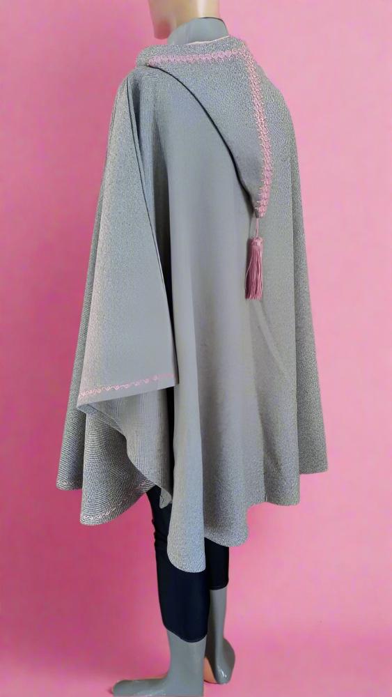 Trendy Moroccan Gray and pink embroidered Hooded Cape - SILHAM - Heritage Handmade