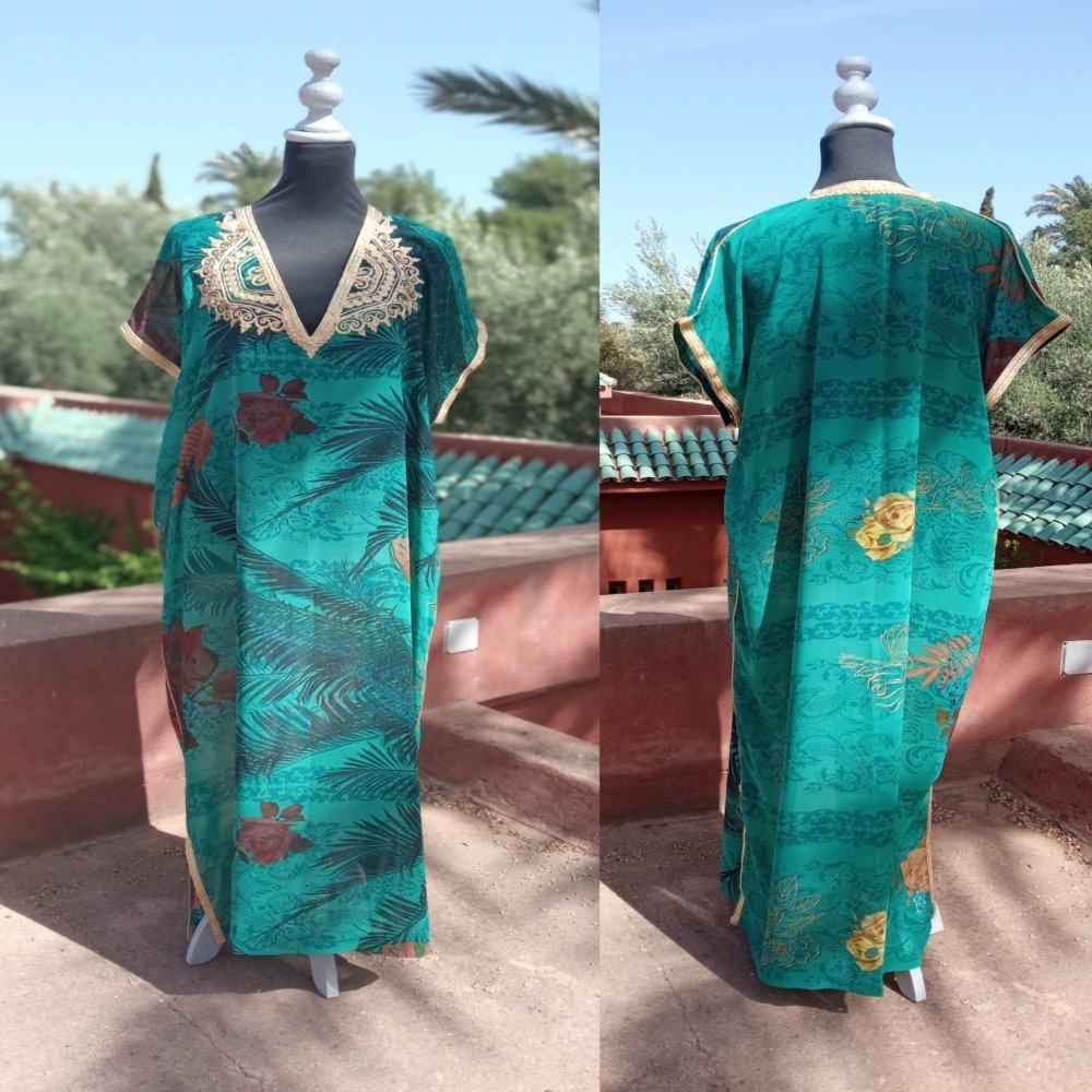 Tropical Moroccan Beach Kaftan with Gold Embroideredy - Heritage Handmade