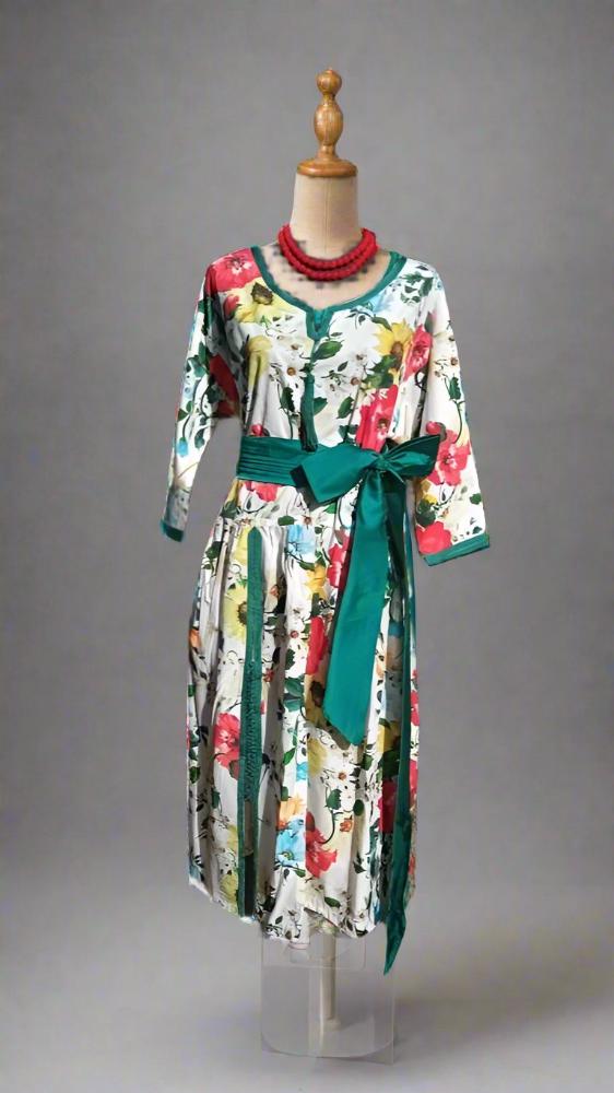 Tropical Split neck dress for women with Bow - Heritage Handmade