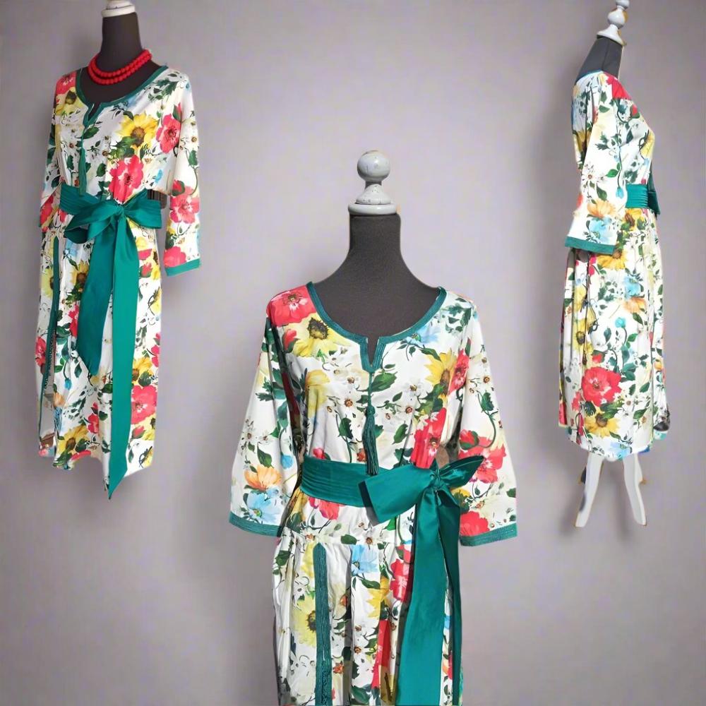 Tropical Split neck dress for women with Bow - Heritage Handmade