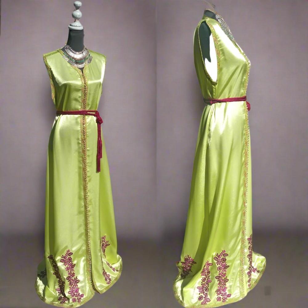 Vintage Green satin V - Neck sleeveless Kaftan - Heritage Handmade