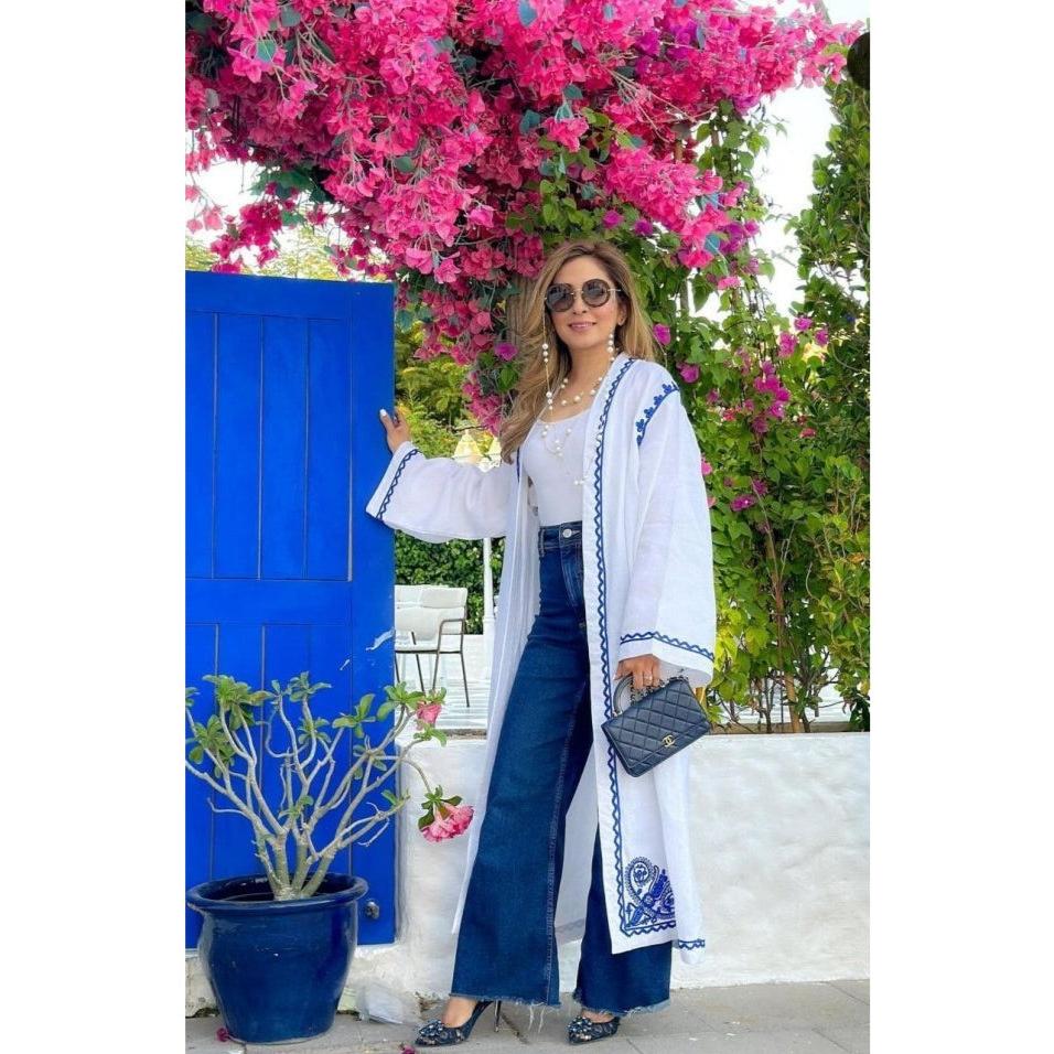 Women hand embroidered blue linen Kimono | Customize cardigan - Heritage Handmade